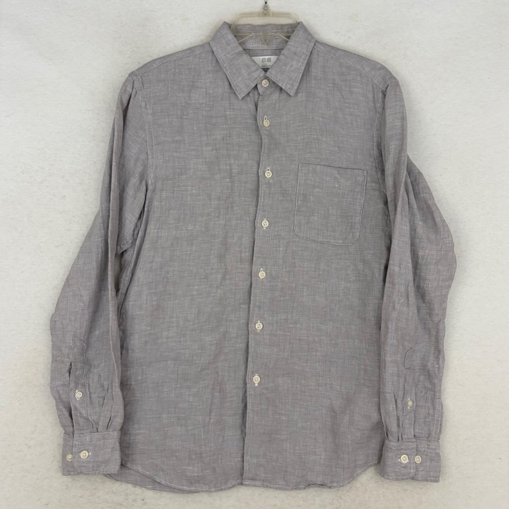 Uniqlo Premium Linen Shirt Mens Small S Gray Long Sleeve Button Up Lightweight - Picture 2 of 9